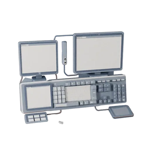Corporate Keyboard Stylized 3D model, stylized isometric render, showing plastic, desk-scale silhouettes.