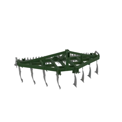 3D model of a green agricultural cultivator with multiple gray tines, viewed from a slightly elevated angle.