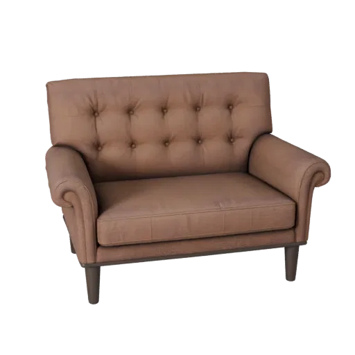 Modello 3D Divanetto Tufted, soggiorno, vista tre quarti frontale, viewport Unity, dettaglio tessuto intrecciato.