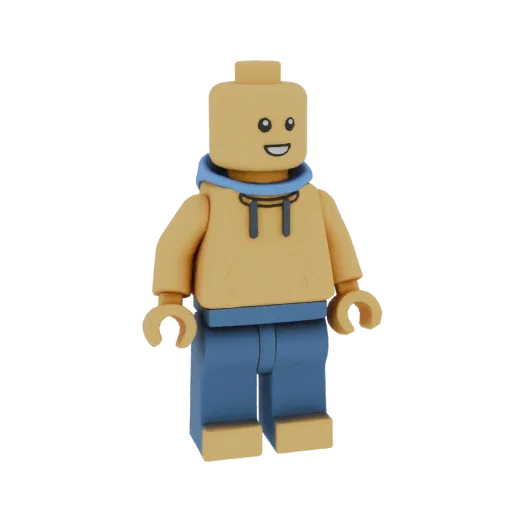 3D model of a character with yellow head, wearing a yellow hoodie with a blue hood and blue jeans, with a simple face.