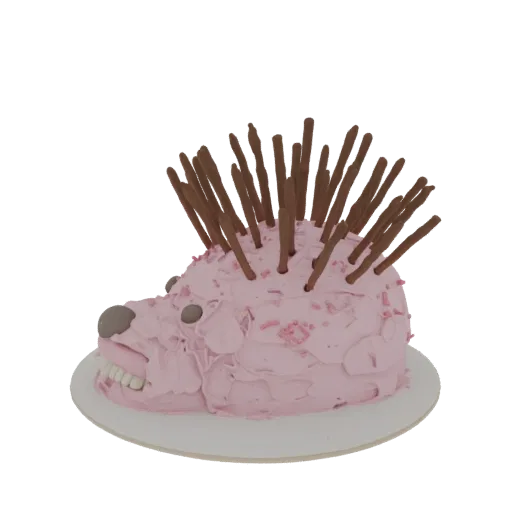 3D model of a hedgehog cake with pink frosting, sprinkles, and pretzel quills, sitting on a white cake board.