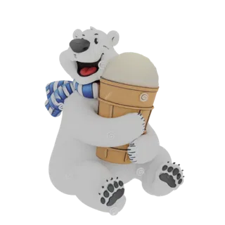 3D model of a cartoon polar bear wearing a scarf and hugging a large ice cream cone, with a happy expression.