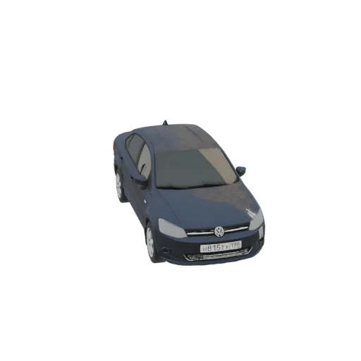 A 3D model of a dark blue Volkswagen Polo Sedan with a dusty finish, viewed from a slightly elevated angle.