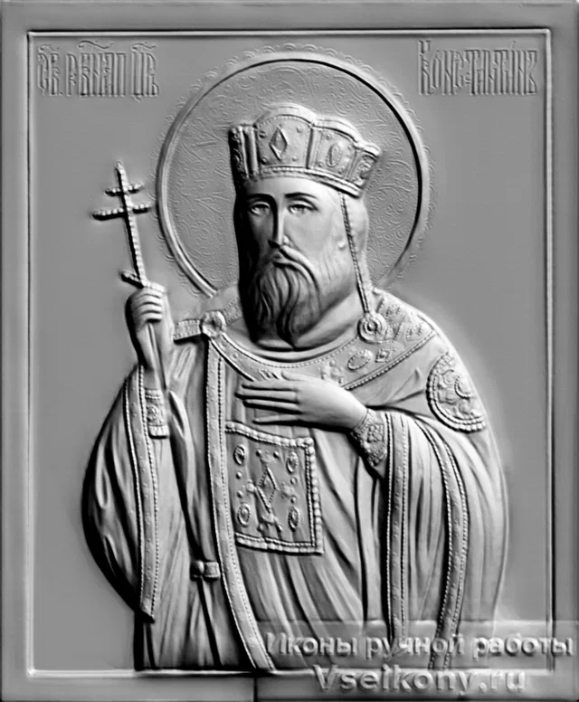 Modèle 3D du bas-relief de Saint Constantin avec une croix, réalisé dans un style classique, avec une inscription en slavon d'église.