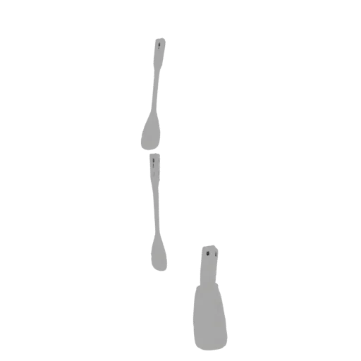 A 3D render of a stylized spoon and fork set, with the spoon appearing broken in the handle and the fork having a solid handl