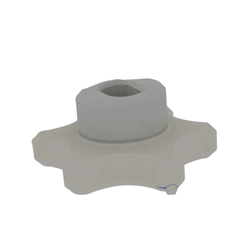 3D model of a light gray star-shaped knob with a central hexagonal recess, set against a black background.