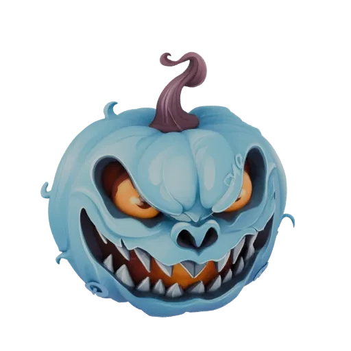 A menacing blue jack-o'-lantern with sharp teeth and glowing orange eyes, rendered in 3D.