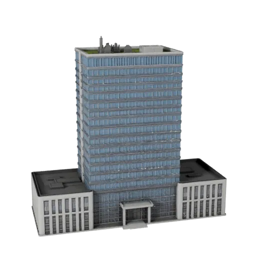 Commercial High Rise Building Blender-ready 3D model, Blender studio render view, showing commercial office building materials and architectural detail
