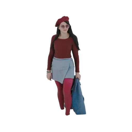 Modello 3D di una donna con berretto rosso, top bordeaux, gonna a portafoglio blu, calze rosa e che tiene una giacca blu.