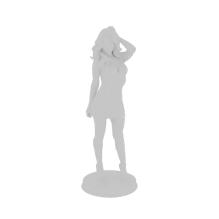 3D model of a woman in a short dress, with one hand in her hair, standing on a circular base.