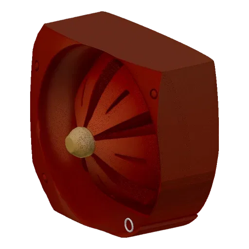 3D model of a red industrial fan with visible blades and a central hub, set against a black background.