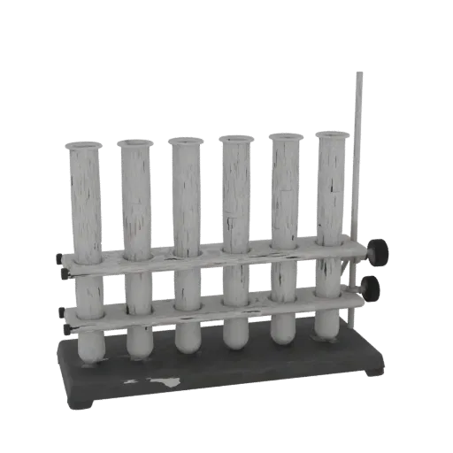 Classroom Test Tube Rack Realistic 3D model, three-quarter studio render, showing glass, recognizable lab forms.