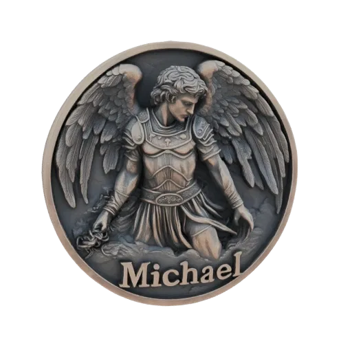 3D model of Archangel Michael kneeling, wearing armor, with large wings spread, and the name 'Michael' inscribed at the base.