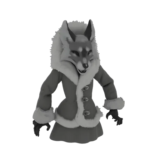 3D model of an anthropomorphic fox character wearing a winter coat with fur trim, standing against a white background.