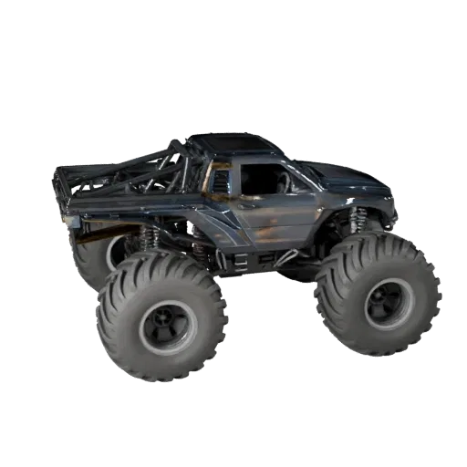 Modelo 3D de Monster Truck Pronto para Jogo, vista de estúdio em três quartos, ativo de veículo pronto para produção com silh