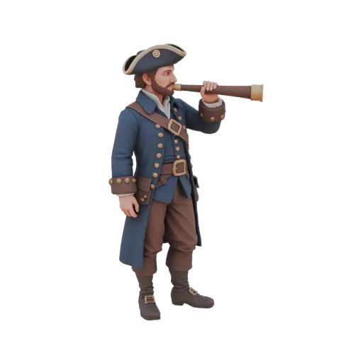 3D model of a 17th-century naval captain in a blue coat, holding a spyglass to his eye, with a black background.