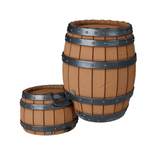 Medieval Barrel Modular 3D model, isometric modular kit view, showing wood planks, stackable massing.