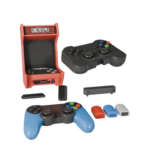 Mini Arcade Stick 3D model, three-quarter front view, AR viewer studio render, showing matte plastic, form detail.
