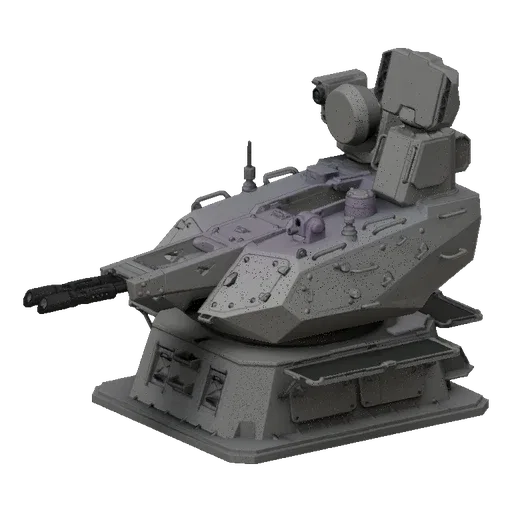 3D model of a modern anti-aircraft turret with dual cannons and missile launchers, set against a black background.