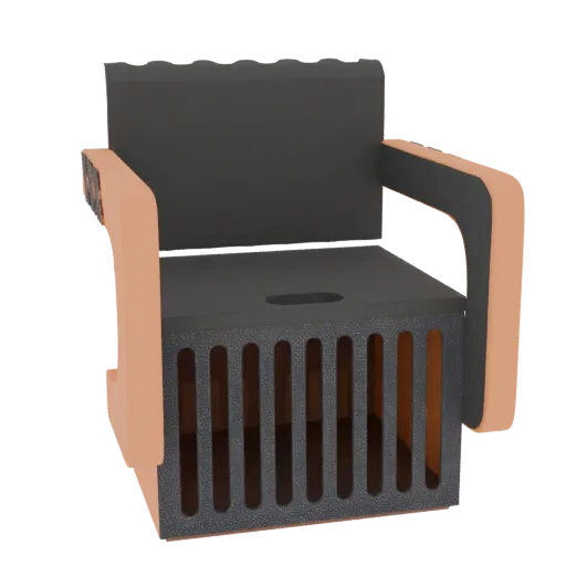 3D model of a modern armchair with orange armrests and a black grille base, against a white background.