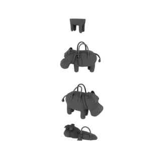 A 3D render of a gray hippo-shaped handbag with handles and a small tag, presented on a black background.