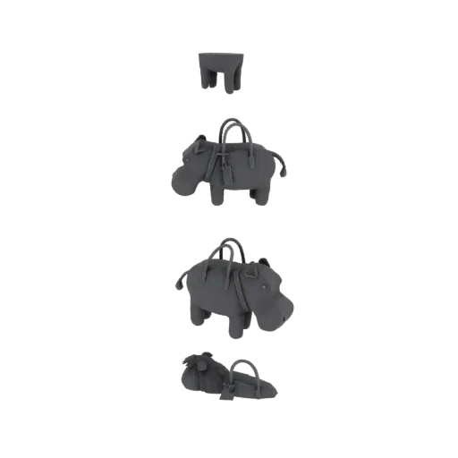 A 3D render of a gray hippo-shaped handbag with handles and a small tag, presented on a black background.
