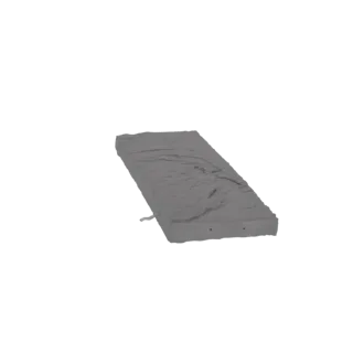 A 3D model of a wrinkled gray mattress shown from a slightly elevated angle against a white background.