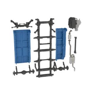 3D-Modell eines demontierten LKWs, das Fahrgestell, Motor, Getriebe und blaue Pritschenteile zeigt.