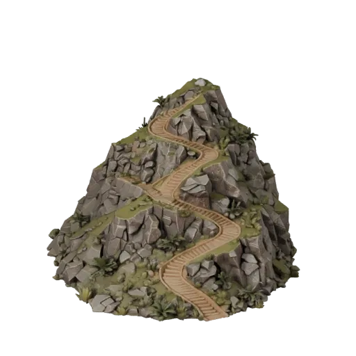 Mountain Switchback Trail High Poly 3D model, close-up cinematic environment render, showing layered soil, rock faces.