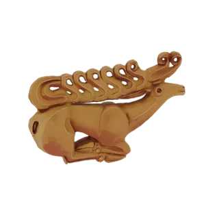 3D model of a golden reindeer in a resting pose with elaborate, swirling antlers, presented on a white background.