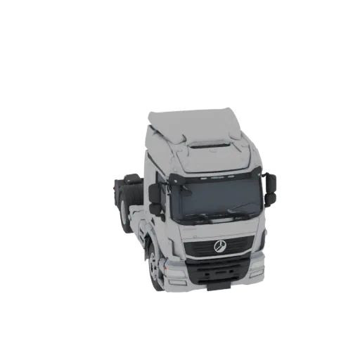 3D model of a white semi-truck cab, viewed from a slightly elevated front-right angle against a white background.