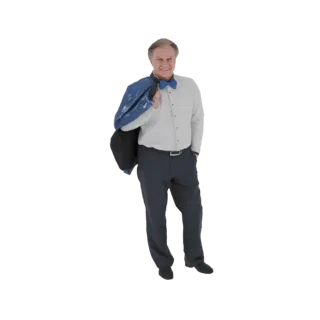 Modèle 3D d'un homme souriant en chemise claire, nœud papillon bleu et pantalon sombre, avec sa veste de costume sur l'épaule