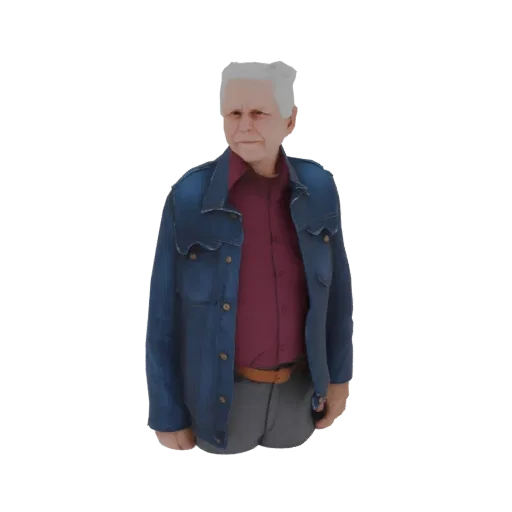 3D model of an elderly man wearing a blue denim jacket and a maroon shirt, looking to the side.
