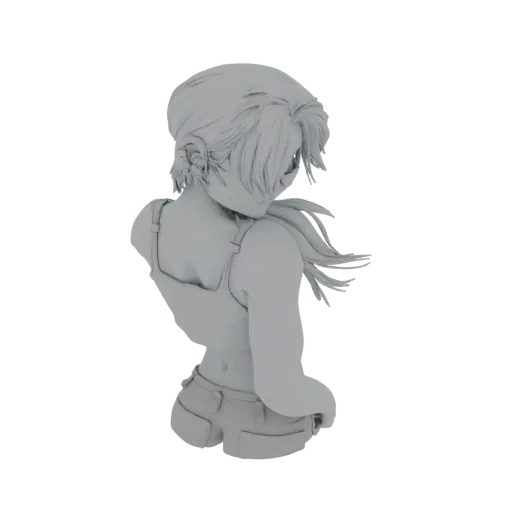 3D-Modell-Rendering einer Anime-Mädchenbrust, von hinten und von der Seite betrachtet, mit Tanktop und Shorts, mit detaillier