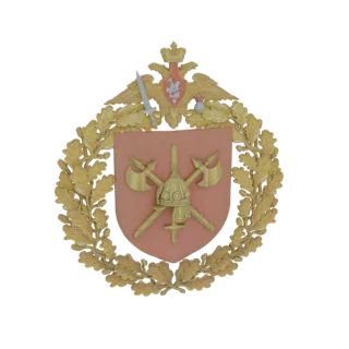 Modèle 3D de l'emblème militaire russe avec un aigle bicéphale, des armes croisées et une couronne de chêne, rendu en or et r