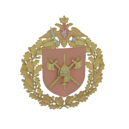 3D-Modell des russischen Militäremblems mit Doppeladler, gekreuzten Waffen und Eichenkranz, in Gold und Rot gehalten.