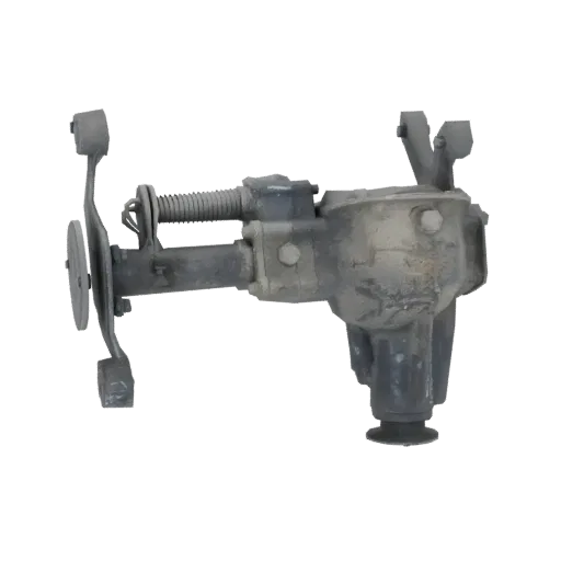 3D-Modell eines Vintage-Wagenhebers mit einem prominenten Scheibenbremsensatz, das metallische Texturen und verwitterte Detai