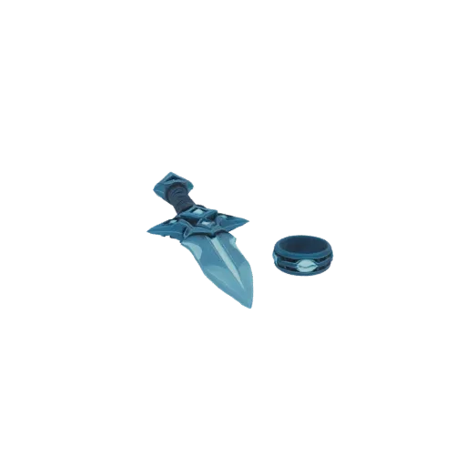 3D model of a fantasy ice dagger with a glowing gem on its hilt and a matching ring with a similar gem, set against a black b