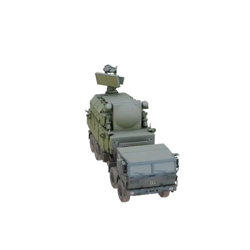3D model of a Russian Tor-M1 air defense system, showing the tracked vehicle with radar and missile launcher.