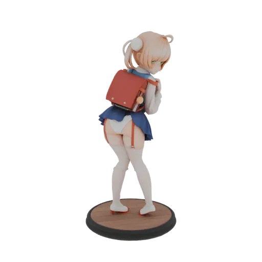 3D model of a shy schoolgirl in a uniform, wearing a red backpack and looking down.