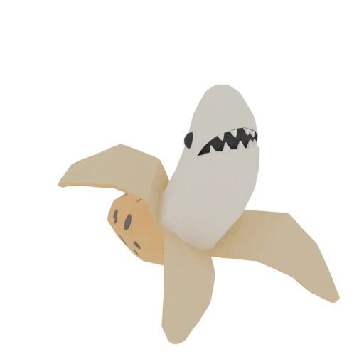 A 3D render of a cartoonish shark with sharp teeth emerging from a peeled, low-poly banana.