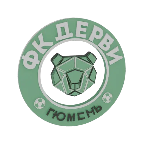 Modelo 3D del logo del FC PERVOMAYSK, con una cabeza de oso geométrica verde dentro de un emblema circular con texto ruso y b