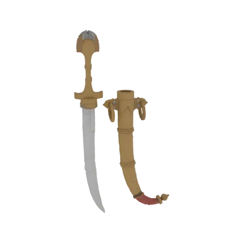 Ein 3D-Render eines prunkvollen goldenen Dolches mit gebogener Klinge, neben seiner passenden goldenen Scheide mit roten Akze