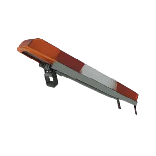 3D model of an orange and red warning light bar with a grey housing and mounting bracket, angled against a black background.