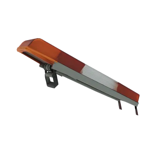 3D model of an orange and red warning light bar with a grey housing and mounting bracket, angled against a black background.