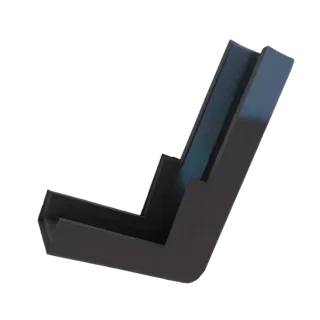 3D model render of a dark gray L-shaped corner bracket, showing its two perpendicular flanges meeting at a right angle.