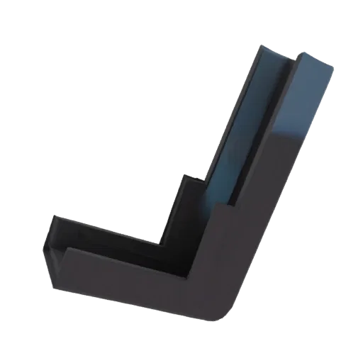 3D model render of a dark gray L-shaped corner bracket, showing its two perpendicular flanges meeting at a right angle.