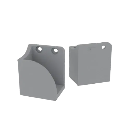 A 3D render of two gray wall-mounted corner holders, one with a curved interior and the other with a squared interior, shown
