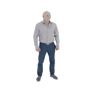 Modello 3D di un uomo calvo con camicia viola chiaro e pantaloni blu scuro, in piedi con le mani rilassate.