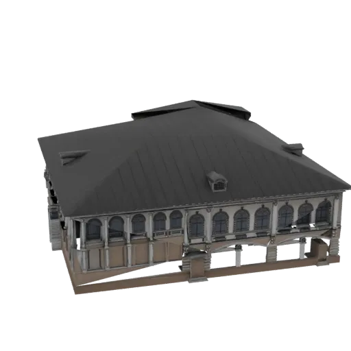 3D model of a classical building facade with columns and arched windows, rendered against a black background.
